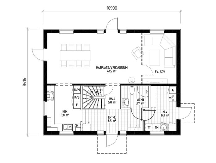 Svartvit ritning av LB Optimal:nu 160 husplan, visar kök, vardagsrum, sovrum, och badrum layout.