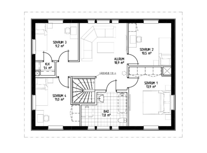 Planritning av LB Optimal:nu 160 hus med fyra sovrum, allrum, badrum och klädkammare markerade och dimensionerade.