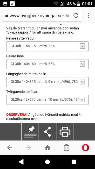 Skärmdump av byggberäkningsverktyg visande storlekar och procentuella värden för konstruktionselement.