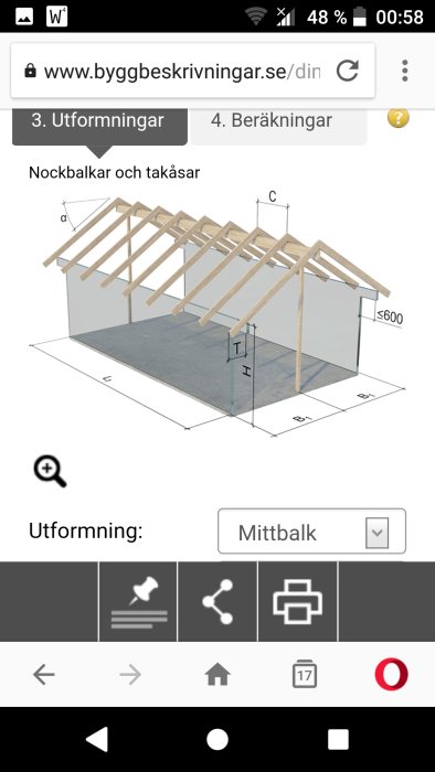 Digital skiss av en takstolskonstruktion med måttangivelser och åsar cc 600 mm.