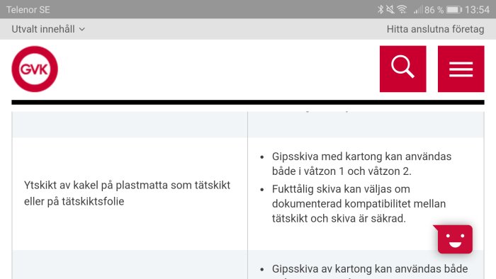 Skärmdump av en mobil webbläsare som visar bygginformation om användning av kartonggips med tätskikt i badrum.