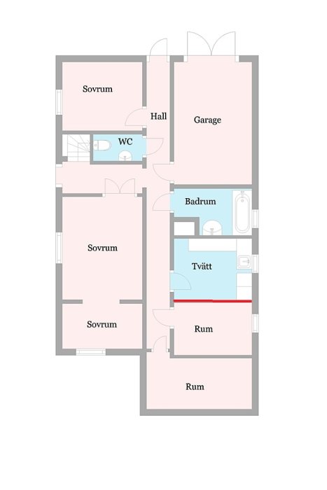 Ritning över en våningsplans layout med en rödmarkerad vägg som ska rivas.