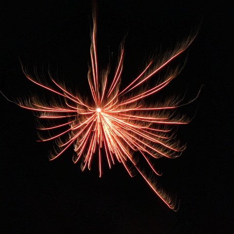 Ett sprakande fyrverkeri som exploderar i mörk himmel, bildar spindelliknande mönster i orange och rött.