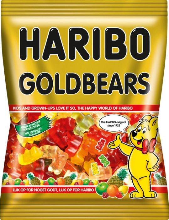 Förpackning av HARIBO Goldbears gummibjörnar, mångfärgade och glänsande.