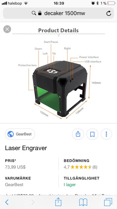 Svart lasergraveringsmaskin av märket GearBest med synliga måttangivelser och betygsstjärnor på skärmbilden.