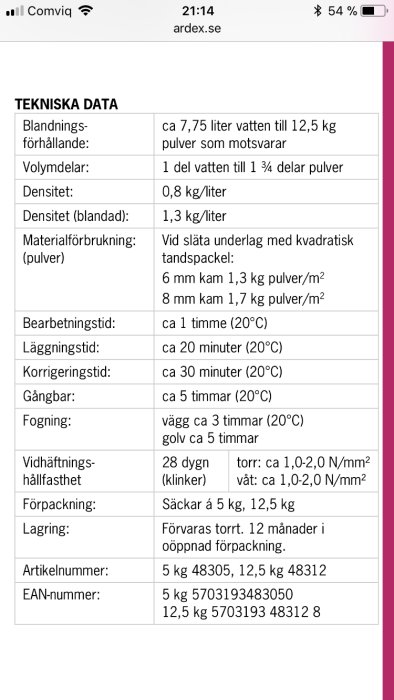 Skärmdump av produktblad med tekniska data för byggprodukt inklusive blandningsförhållande och bearbetningstid.