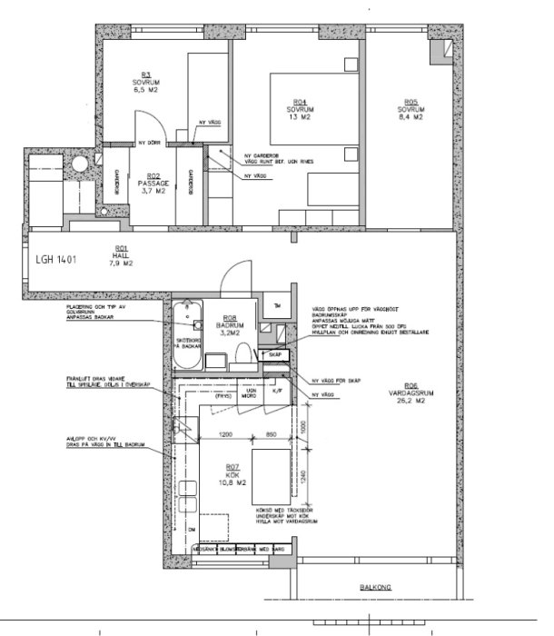 Arkitektritning av en bostadsrätts planlösning före och efter föreslagen renovering för bättre köksplanering och öppen planlösning.