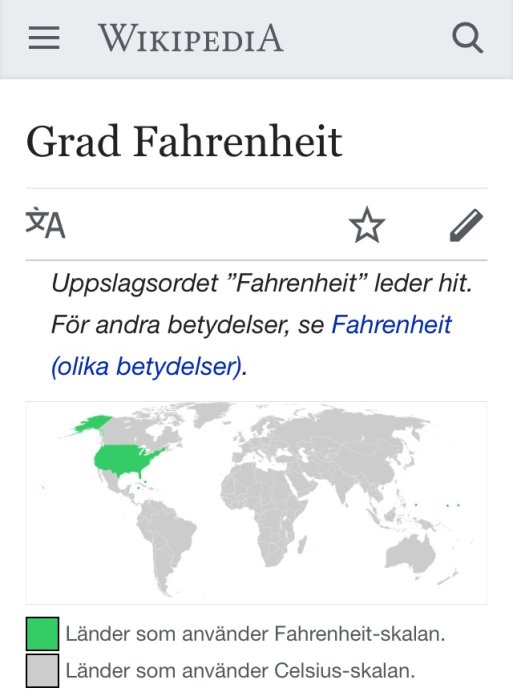 Skärmdump av Wikipedia-sida om "Grad Fahrenheit", inklusive en världskarta som visar länder som använder Fahrenheit (markerade i grönt).