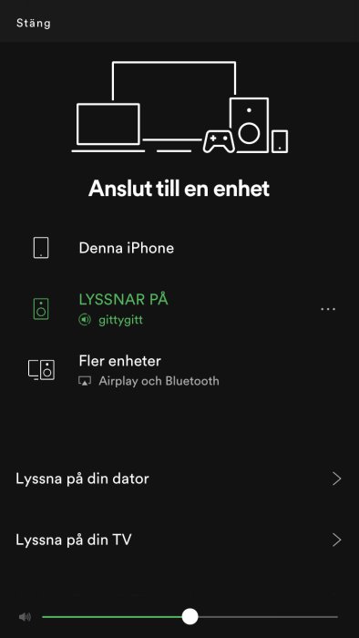 Skärmdump av Spotify's uppspelningsmeny med val av enheter för ljudutgång inklusive en förstärkare och högtalare.