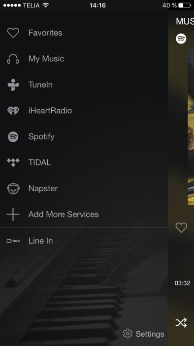 Skärmdump av en mobilapp för musikstreaming med alternativ som Spotify och Tidal listade.