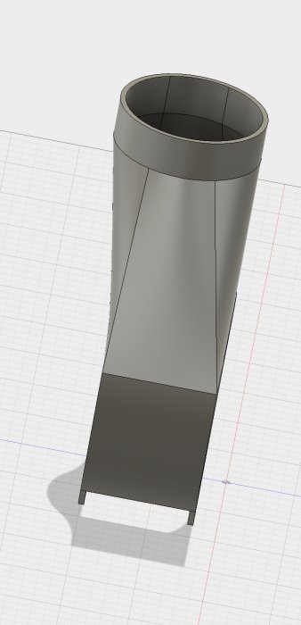 3D-modell av en spånstos designad i Fusion 360, planerad att printas med 2mm väggtjocklek.