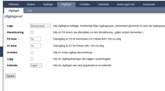 Skärmdump av gränssnitt med inställningar för utgångsval på ett kontrollsystem för byggautomation.