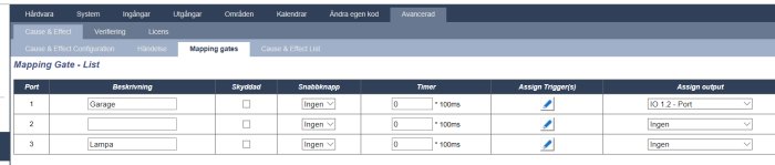 Skärmdump av gränssnitt för mappingsinställningar med portar och timers i ett styrsystem.