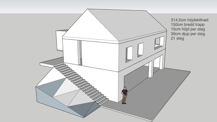 3D-modell av hus med lång utomhustrappa och person som står vid foten av trappan, specs angivna.