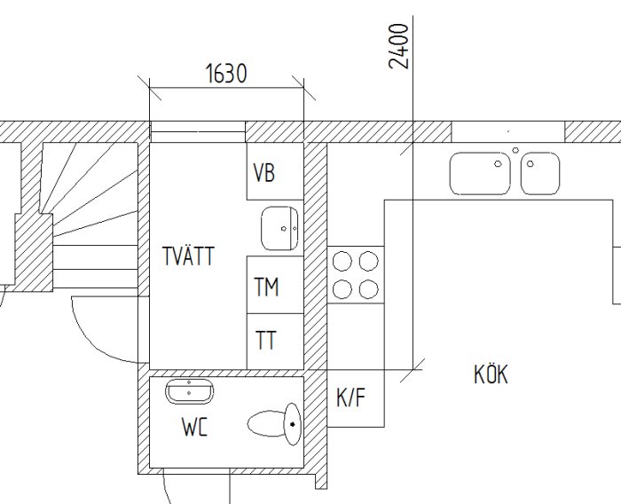 Ritning av en tvättstuga på 4m² med angivna mått, placering av vitvaror och angränsande kök.