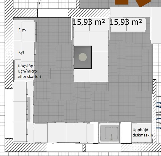 Ritning av ett köksombyggnadsprojekt med markerade platser för kyl, frys, högskåp och upphöjd diskmaskin.