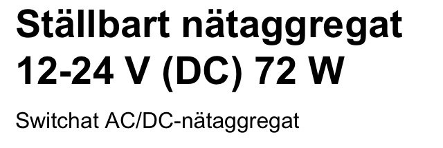 Textetikett för ställbart nätaggregat 12-24V (DC) 72W och switchat AC/DC-nätaggregat.