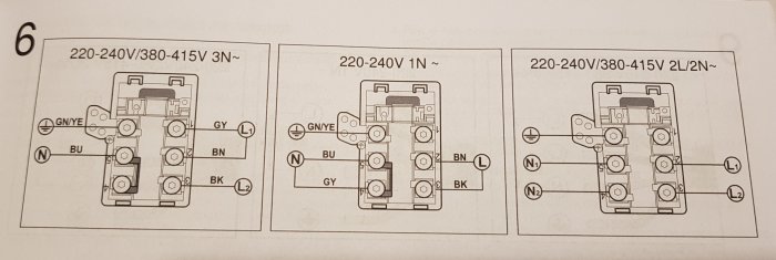 Bild på tre olika anslutningsscheman för Siemens induktionshäll med beskrivningar för 220-240V/380-415V 3N~, 220-240V 1N~, och 220-240V/380-415V 2L/2N~ elektriska system.