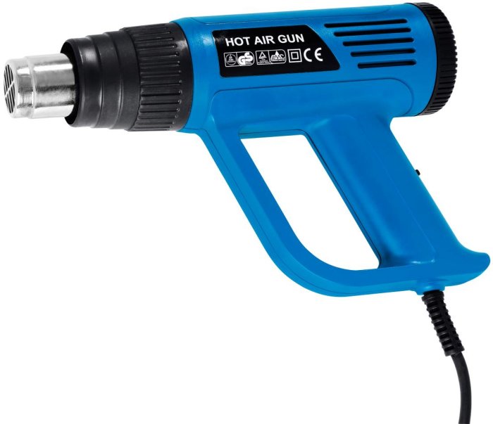 Blå varmluftspistol med svart munstycke och texten "HOT AIR GUN" på sidan.