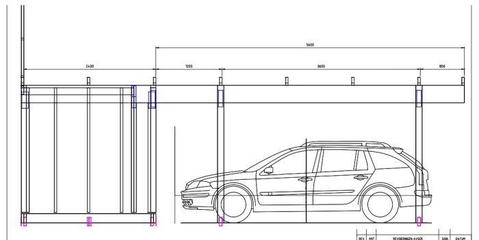 Schematisk sidovy av en garagekonstruktion med måttangivelser och en tecknad bil för skala.