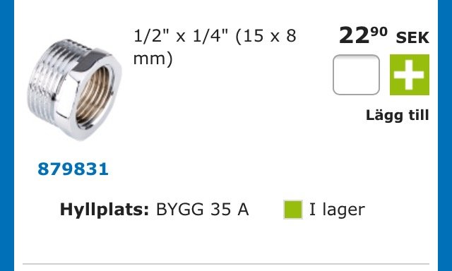 Adapter med gängor för röranslutning, märkt med storlek 1/2" x 1/4" och priset 22,90 SEK, visar artikelnr 879831.