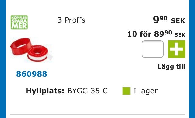 Röd gängtejp för rörinstallationer från produktsidan med pris och artikelnummer synligt.