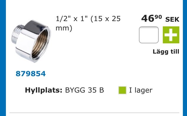 Metallisk adapter med gängor för rörinstallation, märkt med storlek 1/2" x 1" och prisinformation.