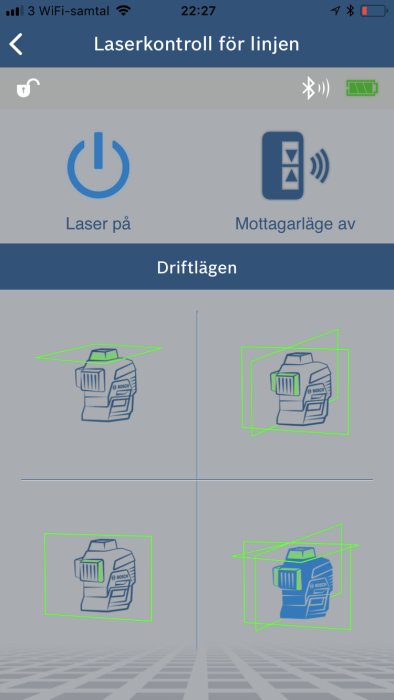 Skärmbild av laserkontroll-app med ikon för påslagen laser och olika driftlägen.