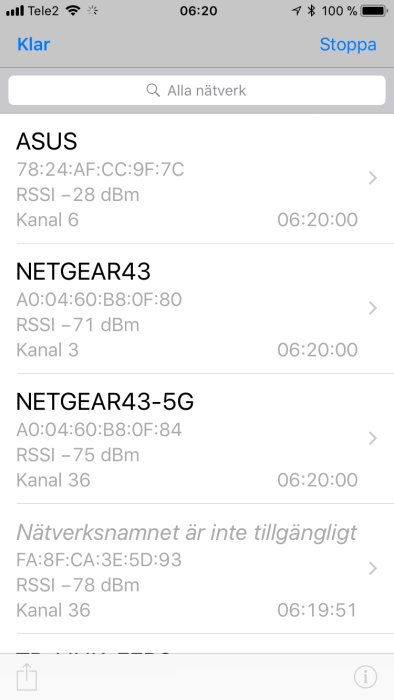 Skärmdump visar en lista över Wi-Fi-nätverk med signalstyrka och kanaler från en nätverkssökning i en app.