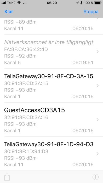 Skärmdump visar en lista över tillgängliga Wi-Fi-nätverk med namn, RSSI-värden och kanaler.