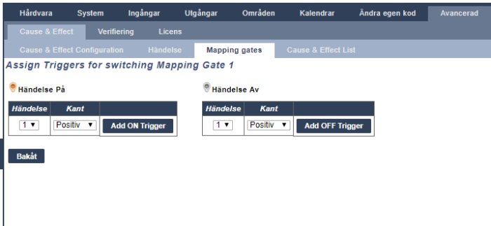 Gränssnitt för inställning av trigger för portöppning med alternativ för På och Av händelse.