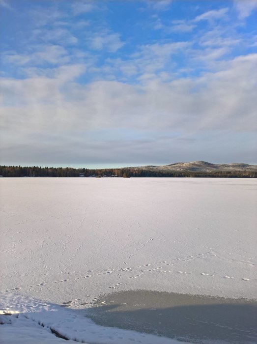 Vinterlandskap med snötäckt is på en frusen sjö och skog i bakgrunden under blå himmel.