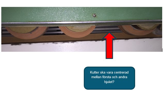 Skadat hjul i mitten under grönt föremål med röd pil som pekar och kommentarsrutan om centrering.