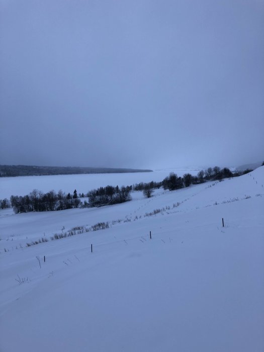 Täckt landskap i Jämtland nära sjö med utsikt mot Åreskutan under dimmig himmel, för stormen Cora.