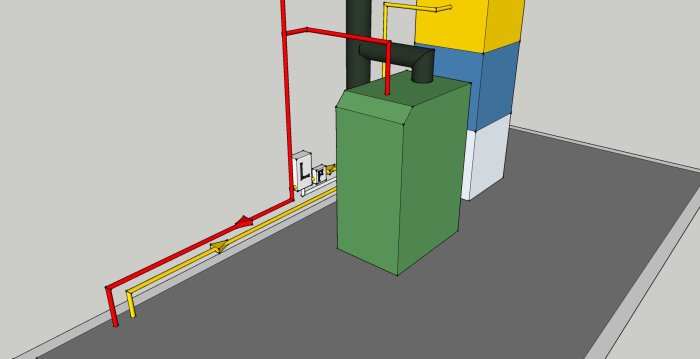 3D-modell av värmesystem med ackumulatortank, rördragningar, och värmeelement i ett pannrum.