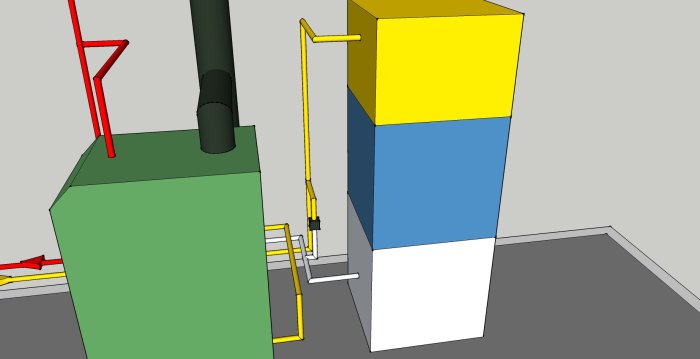 3D-modell som visar ackumulatortankar och rörkopplingar enligt ett kopplingsschema.