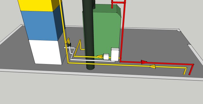 3D-modell av värmesystem med ackumulatortank, rörledningar och komponenter i ett pannrum.