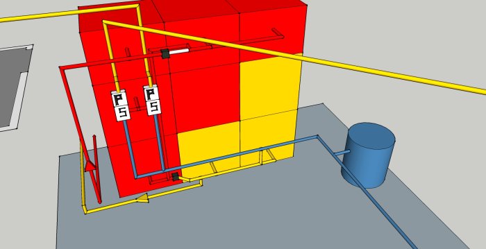 3D-skiss av ackumulatortankar och rörkopplingar med färgmarkeringar för skiktning/vattentemperatur.