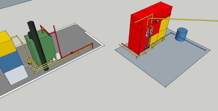 3D-modell av värmesystem med ackumulatortankar och rördragningar i en byggnad.