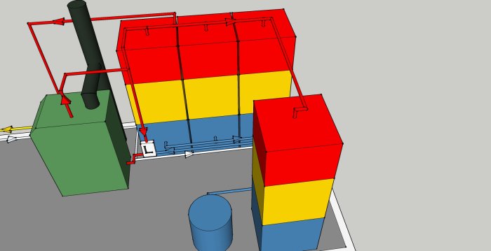 3D-modell av värmesystem med färgkodade ackumulatortankar, vedpanna och rördragningar.