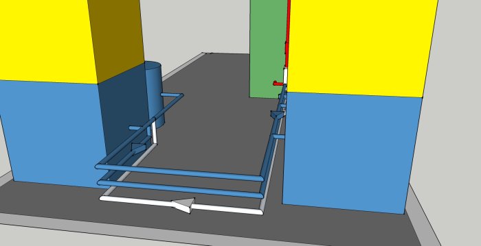 3D-modell av ett värmesystem med ackumulatortankar, rördragningar och shunt i ett pannrum.