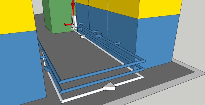 3D-modell av föreslagen värmesystemskonfiguration med tankar, rör och shuntar.