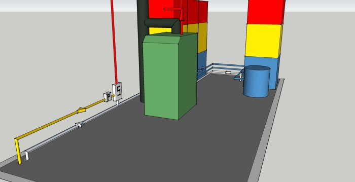 3D-modell av värmeinstallation med ackumulatortankar, rördragningar och kulvertsystem.