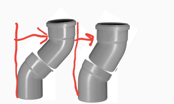 Två exempel på röranslutningar med 30° och 45° böjar, markerade med röda pilar för att visa förskjutning.