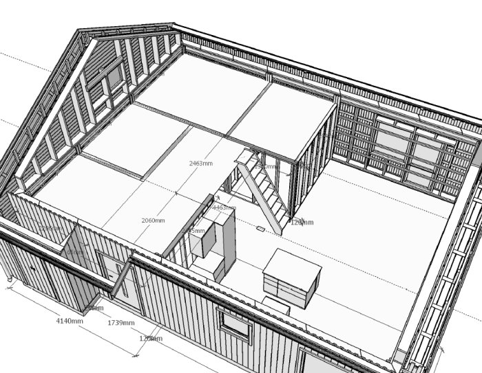 CAD-ritning av en fjällstuga med mått på mellanbjälklag, loft och väggar.