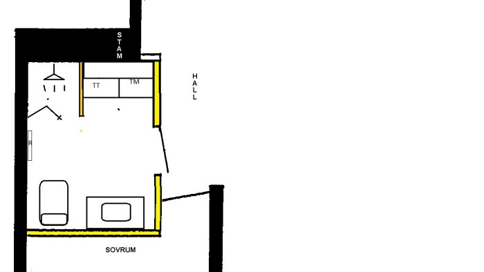 Ritning av en lägenhetslayout med markerade rum som sovrum, hall och stam.