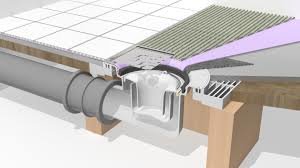 3D-modell av ett badrumsgolv med förhöjningsring och monteringsplatta nära avloppsbrunn.