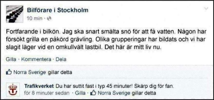 Skärmdump av en Facebook-status om bilköer och att smälta snö, med ett humoristiskt svar från Trafikverket.