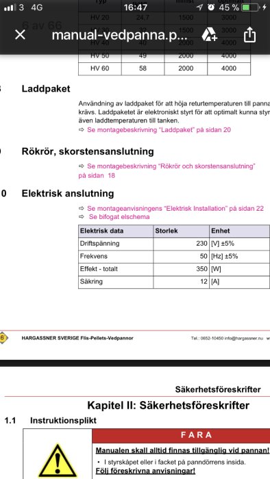 Skärmdump av en användarmanual för vedpanna med tekniska specifikationer och säkerhetsinstruktioner.