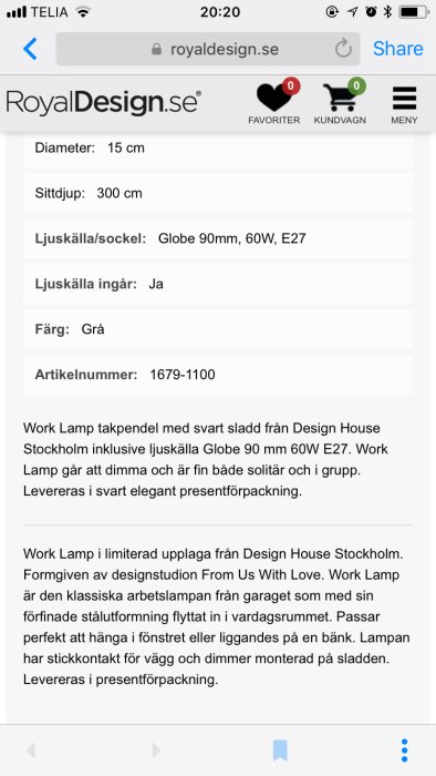 Skärmdump av produktsida för Work Lamp från Design House Stockholm på RoyalDesign.se med information och specifikationer.